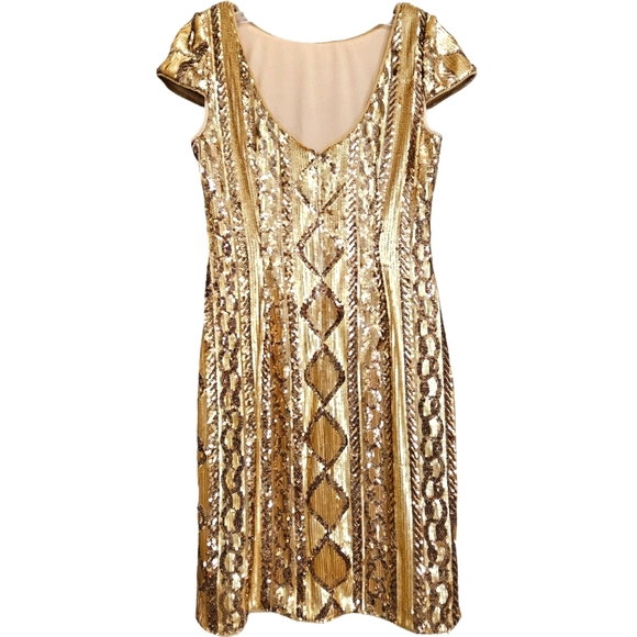 Nwot Adrianna Papell Cable Knit Cap Sleeves Gold Geometric Sequin Cocktail Dress - Picture 12 of 17